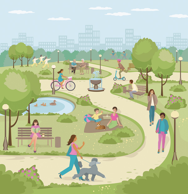 Grafik eines belebten Parks mit Menschen