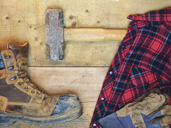 Handwerkerausrüstung Hammer Handschuh Schuhe Flanelhemd