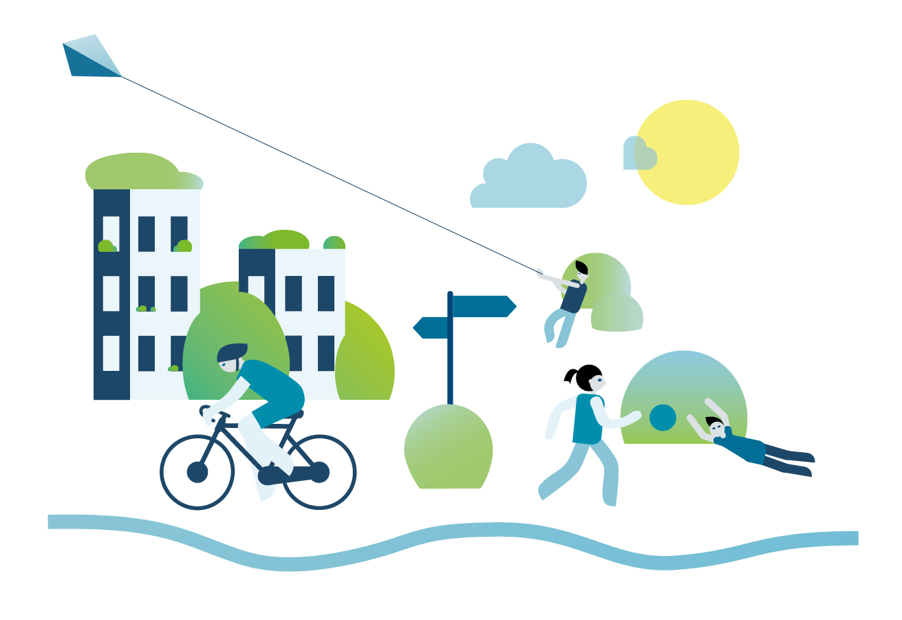 Gesundheit und Bewegung Graphik Fahrrad Drachen Aktivitäten