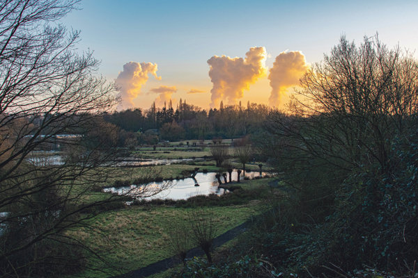 Bäume Teiche Wiese Landschaft Wolken Himmel Grün Blau Gelb  