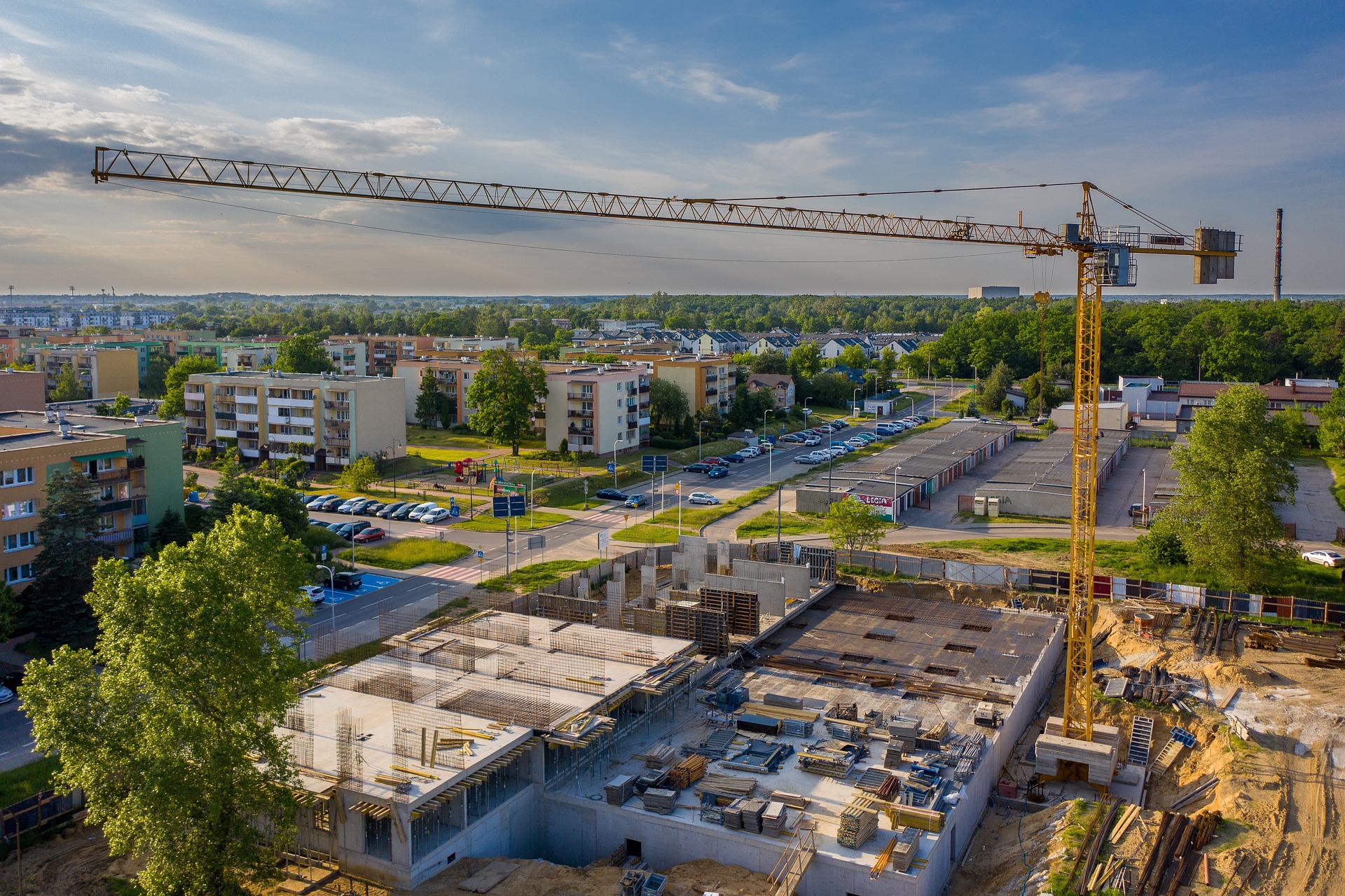 Kran Baustelle Gelb Himmel Blau Stadt Aussicht View 